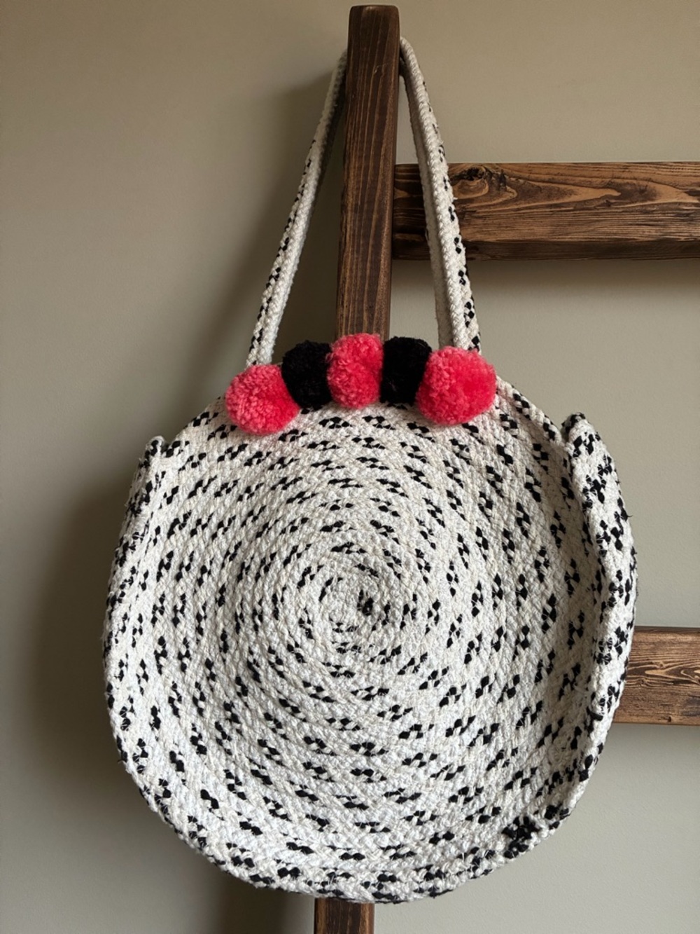 Round Woven Rope Tote w/ Pom Pom Detail | Black & White Boho Bag